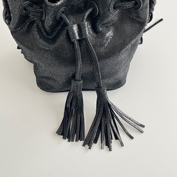 Brian Atwood Pippa Bucket Bag Black Metallic Mini Edgy Glam Western Fringe Boho - Picture 7 of 12